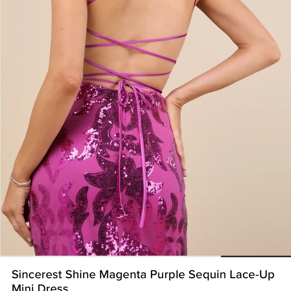 NEW! Lulus Magenta Purple Sequin Shine Lace Up Mini Dress Size Small - Picture 2 of 14